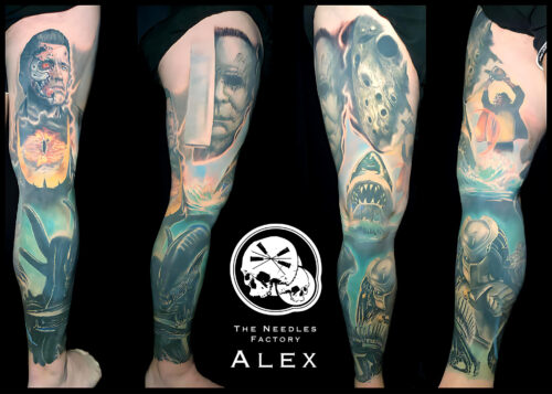 tatouage jambe couleur Alien Predator horreur